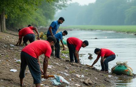 Volunteers cleaning a riverbank in Mumbai