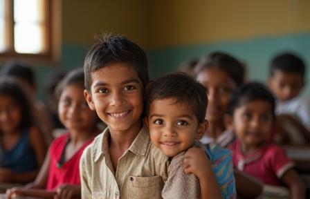 Children studying happily in a rural Indian classroom